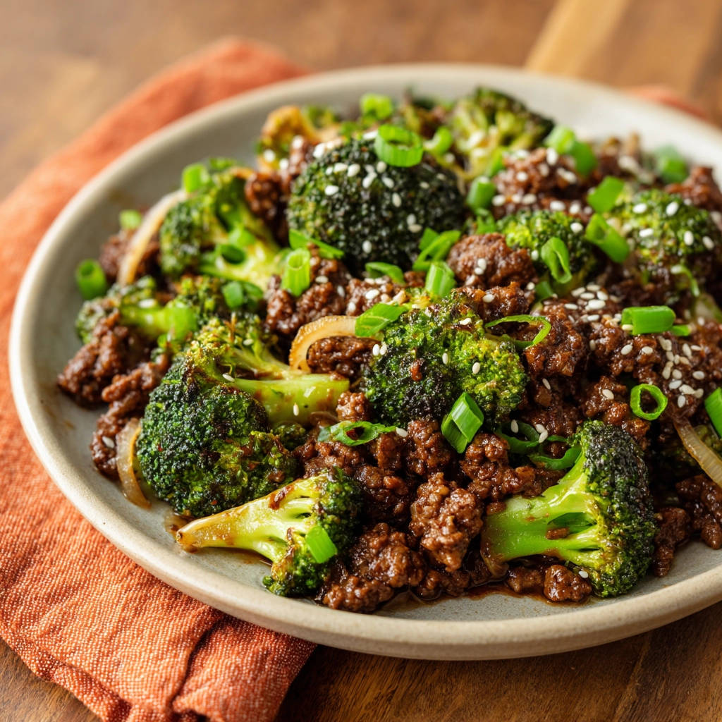 Easy ground beef and broccoli with tender-crisp florets, garnished with chopped green onions and sesame seeds.