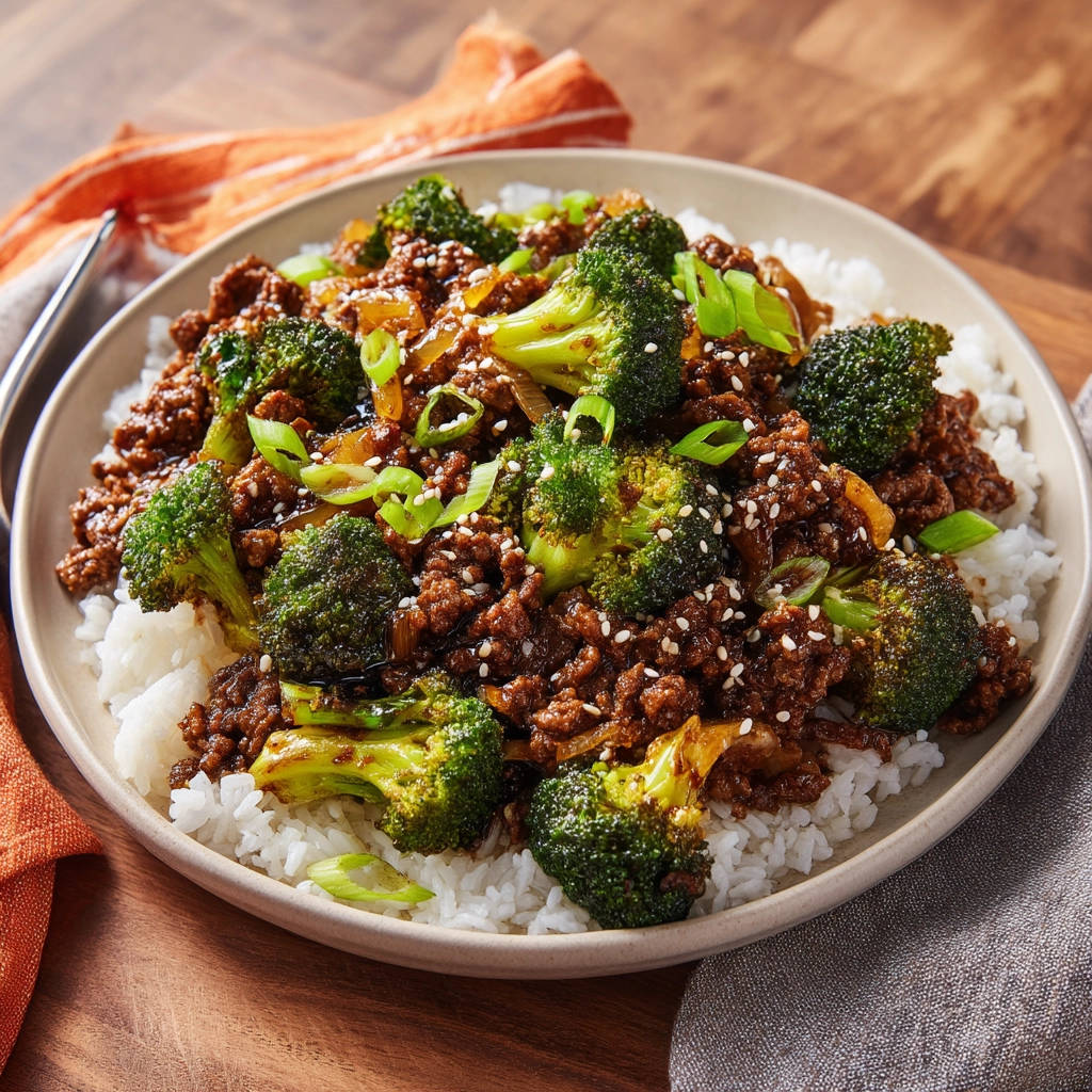 Easy ground beef and broccoli served in a bowl with tender-crisp florets and sesame seeds.