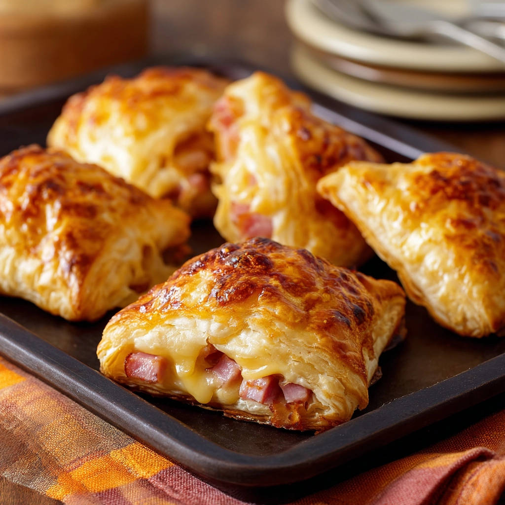 Crispy ham and cheese puff pastry pockets shown in a close-up cross-section with melted cheese oozing out.