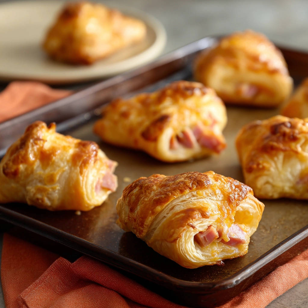 Crispy ham and cheese puff pastry pockets shown with a golden-brown, flaky baked exterior on a baking sheet.