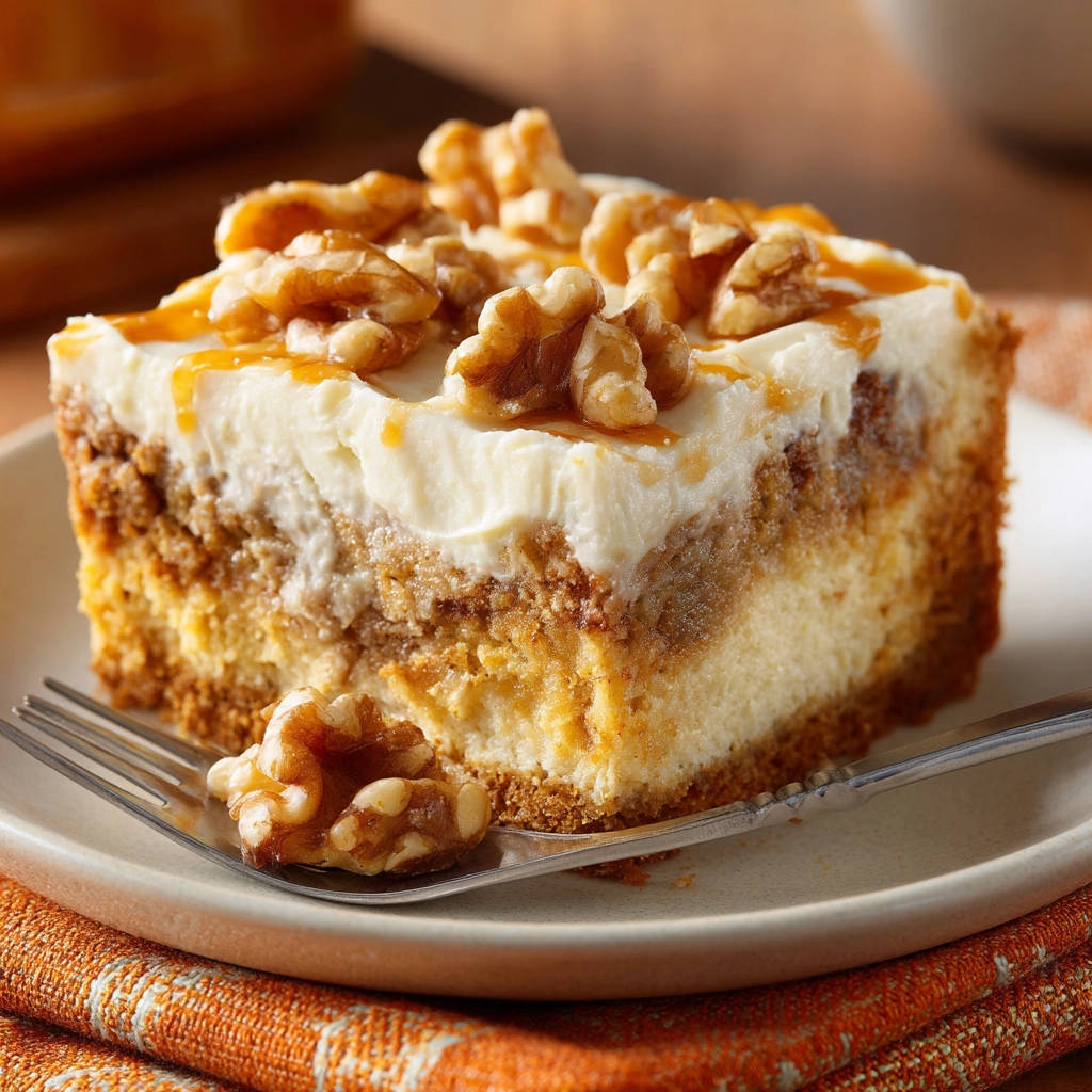 Harvest nut cheesecake cross-section showing layers and topped with walnuts and caramel drizzle.