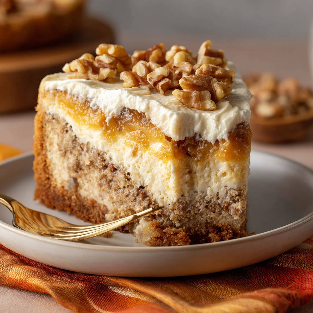Harvest nut cheesecake slice cross-section showing layers of cheesecake, nut filling, and walnut topping on a plate.