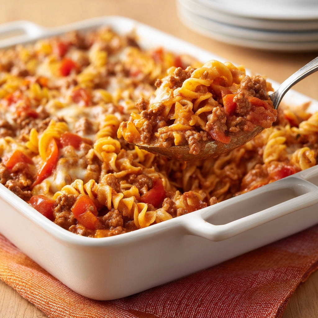 Hearty baked pasta bake being served with a spoon, showcasing the cheesy, saucy texture of the fusilli and ground beef.