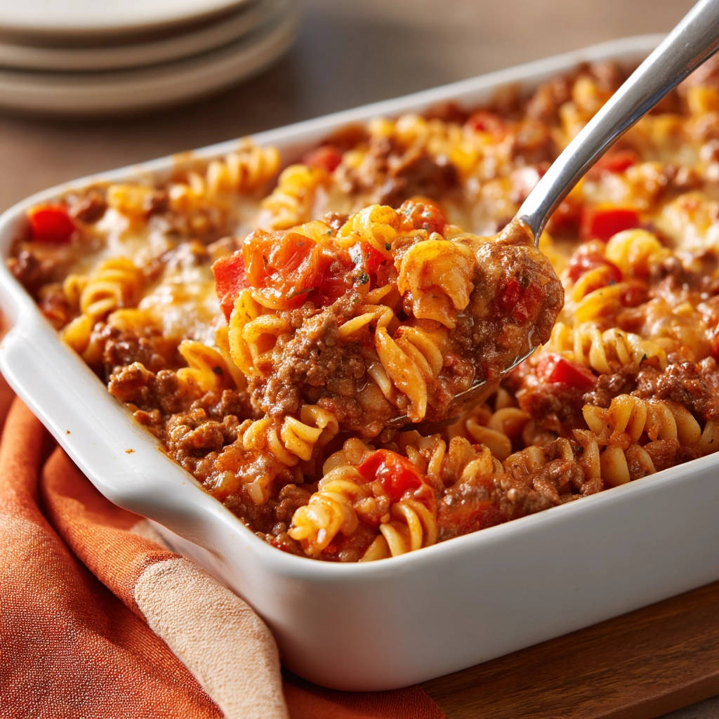 Hearty baked pasta bake, with a spoon lifting a generous serving showing pasta, ground meat, and tomatoes.