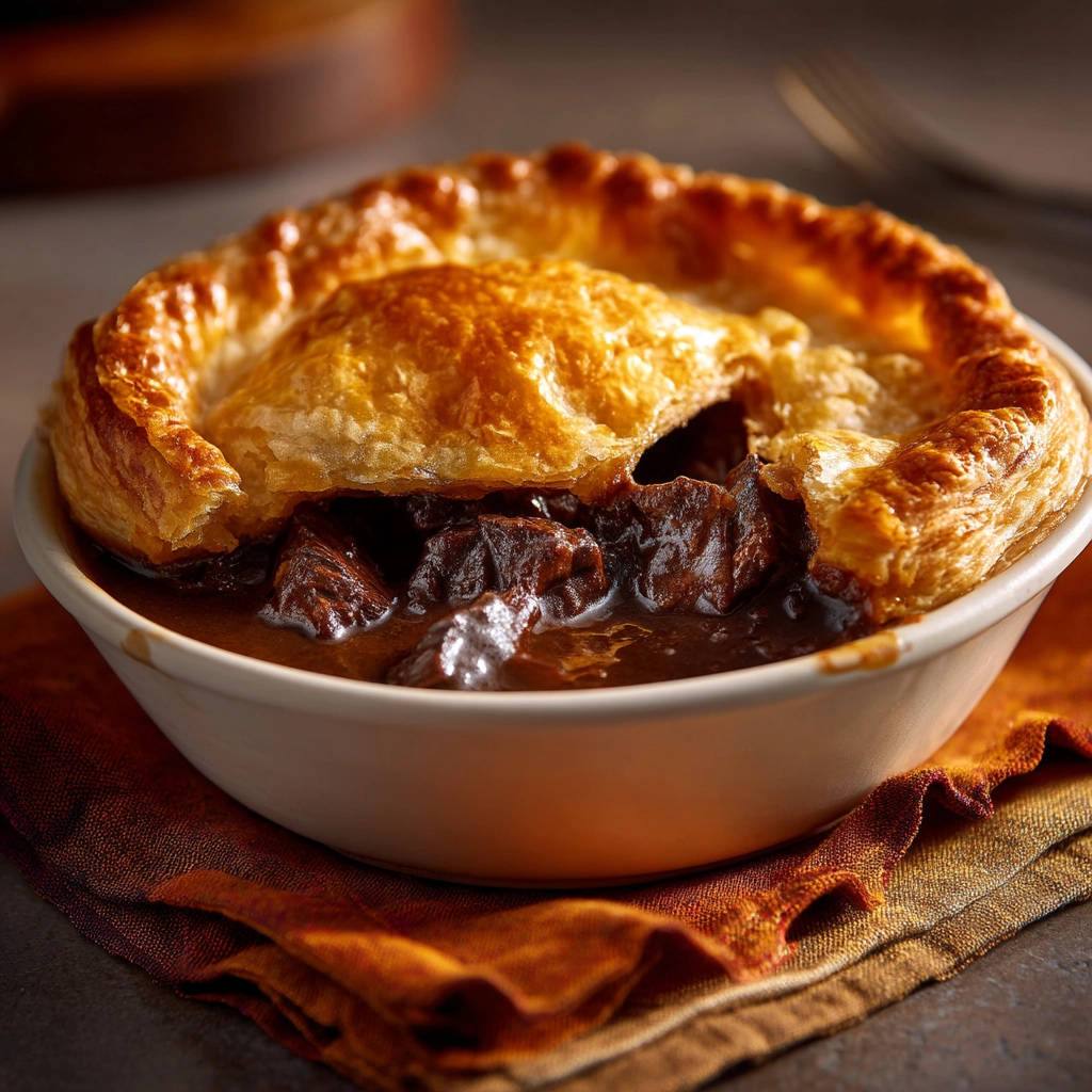 Hearty beef pot pie with a golden, flaky crust shown in a close-up detail.