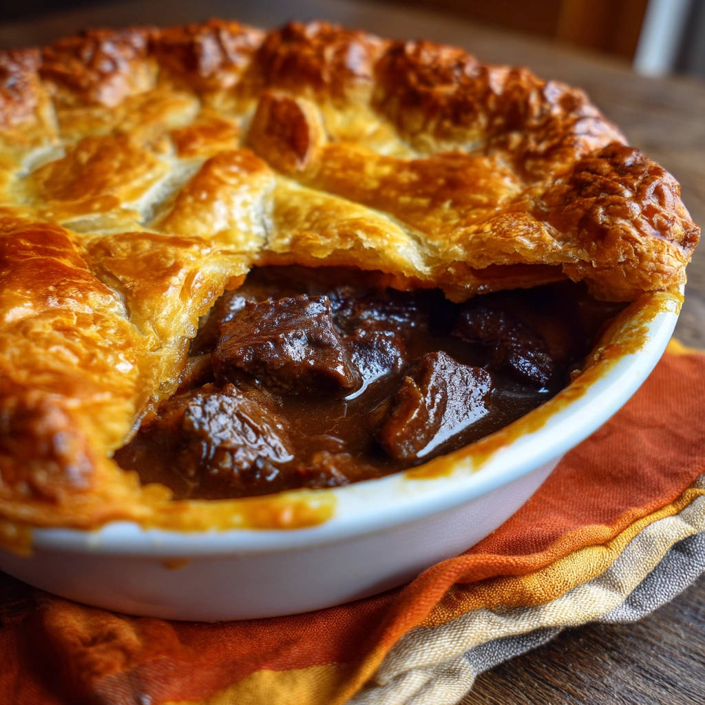 Hearty beef pot pie with a golden, flaky crust showing a close-up view of the rich beef filling.