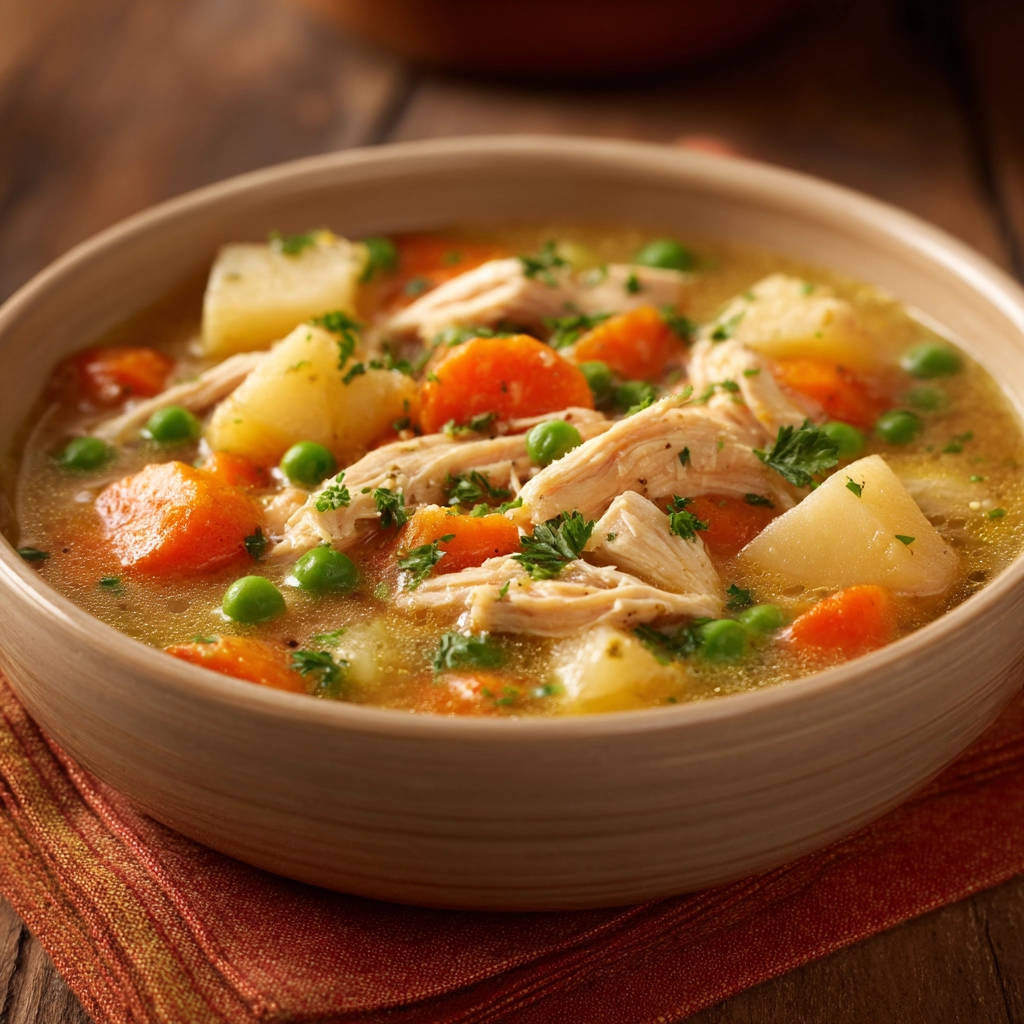 Hearty chicken vegetable soup with visible chunks of potato, carrot, and peas in a close-up bowl view.