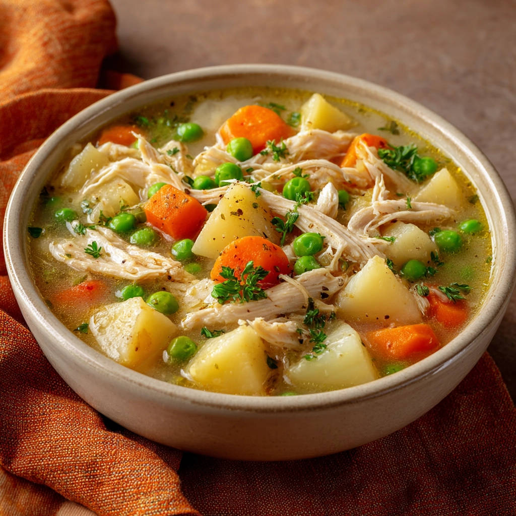 Hearty chicken vegetable soup in a bowl, featuring tender chicken, potatoes, carrots, and peas with a close-up view.