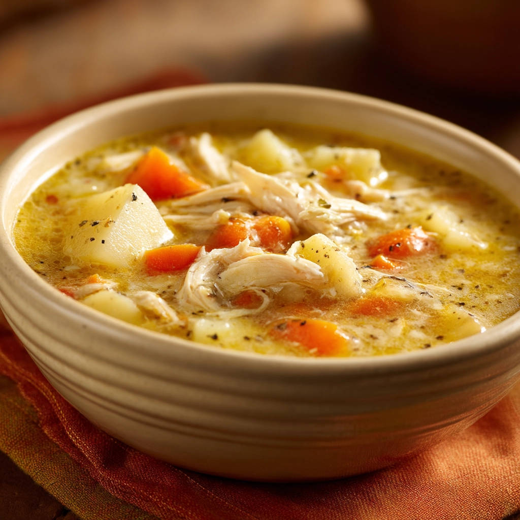 Hearty chicken and vegetable soup shown in a close-up of a creamy bowl, highlighting the tender chicken and vegetables.
