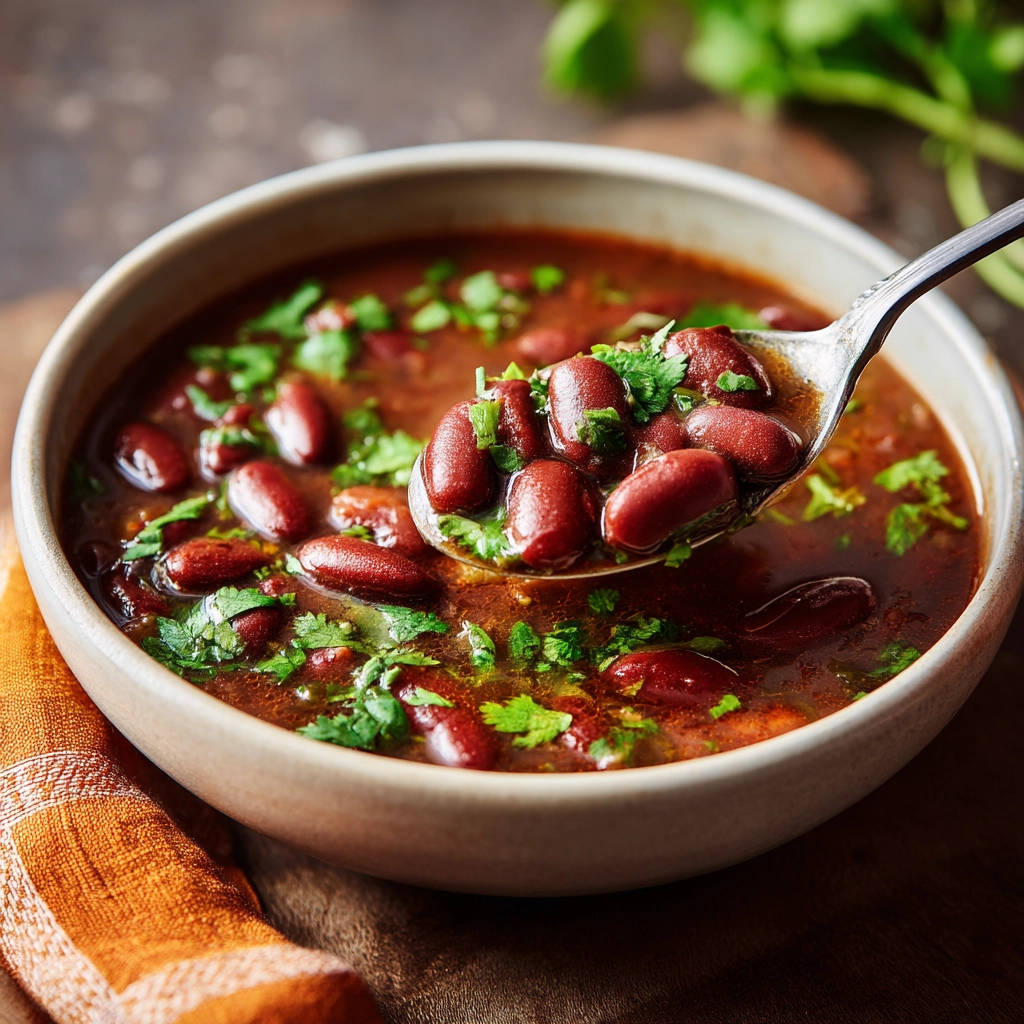 Hearty red bean soup with a spoon lifting a portion showing tender beans and fresh cilantro garnish.