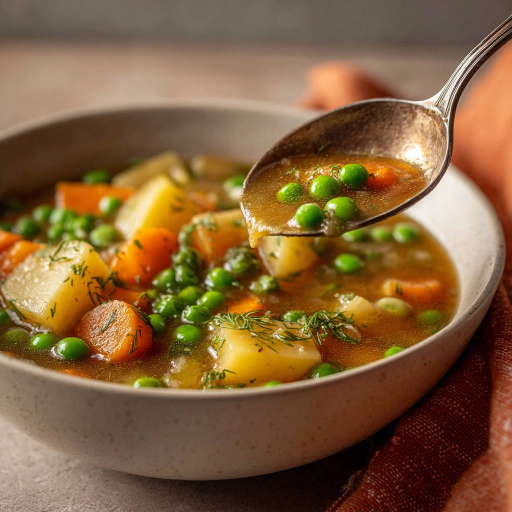 Hearty vegetable soup shown with a spoonful lifted, featuring tender carrots, potatoes, and peas in broth.