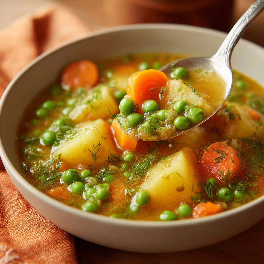 Hearty vegetable soup with potatoes, carrots, and peas shown in a close-up spoonful detail.