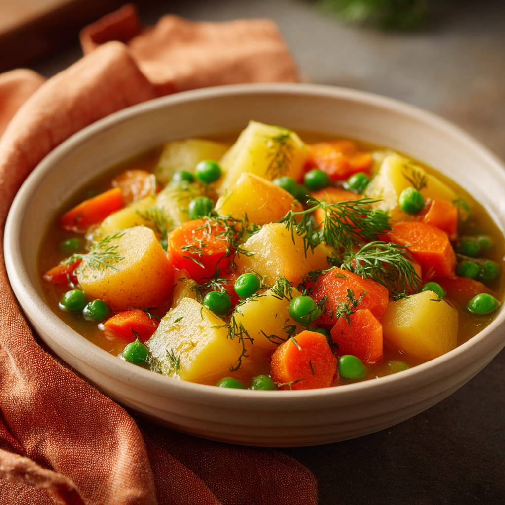 Hearty vegetable stew with potatoes, carrots, and peas in a rustic bowl with fresh dill garnish.