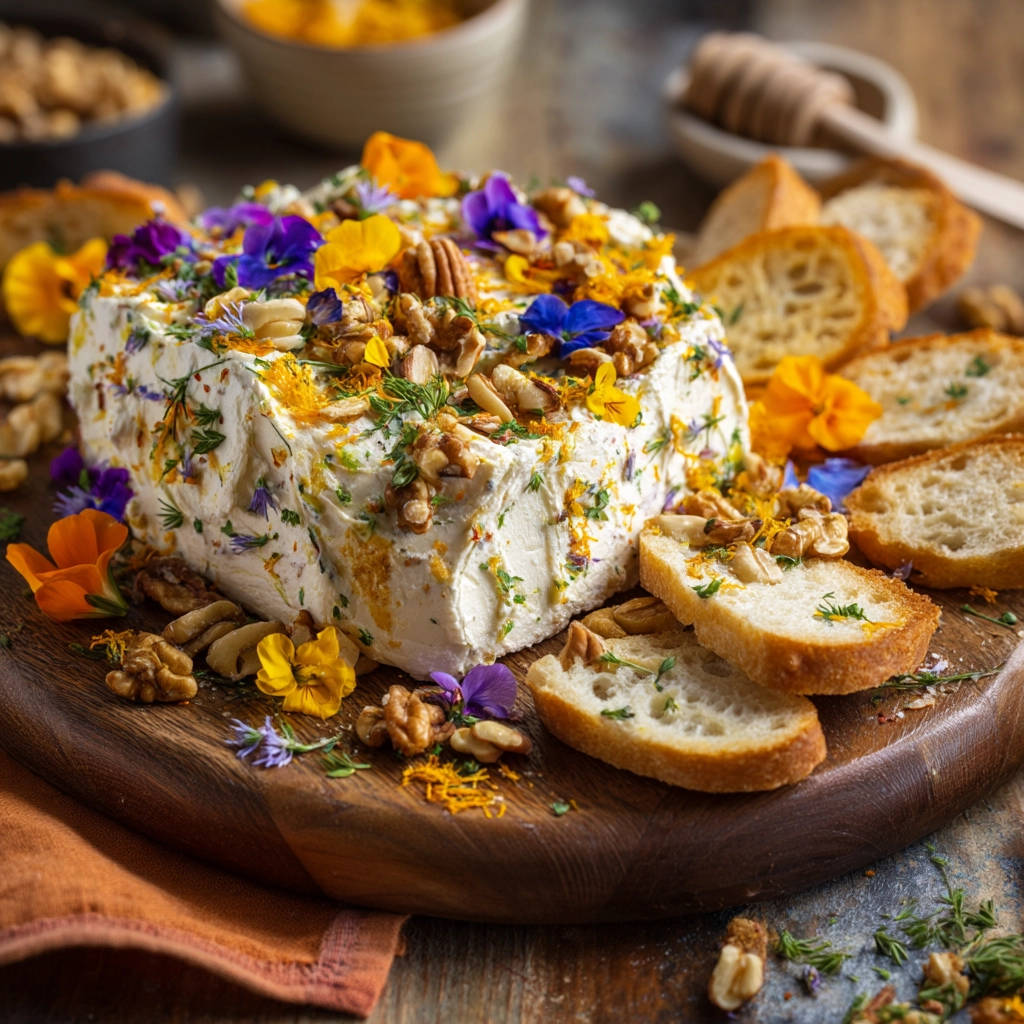 Beautiful herb & nut cheese block recipe garnished with edible flowers, nuts, and herbs, presented on a wooden board.