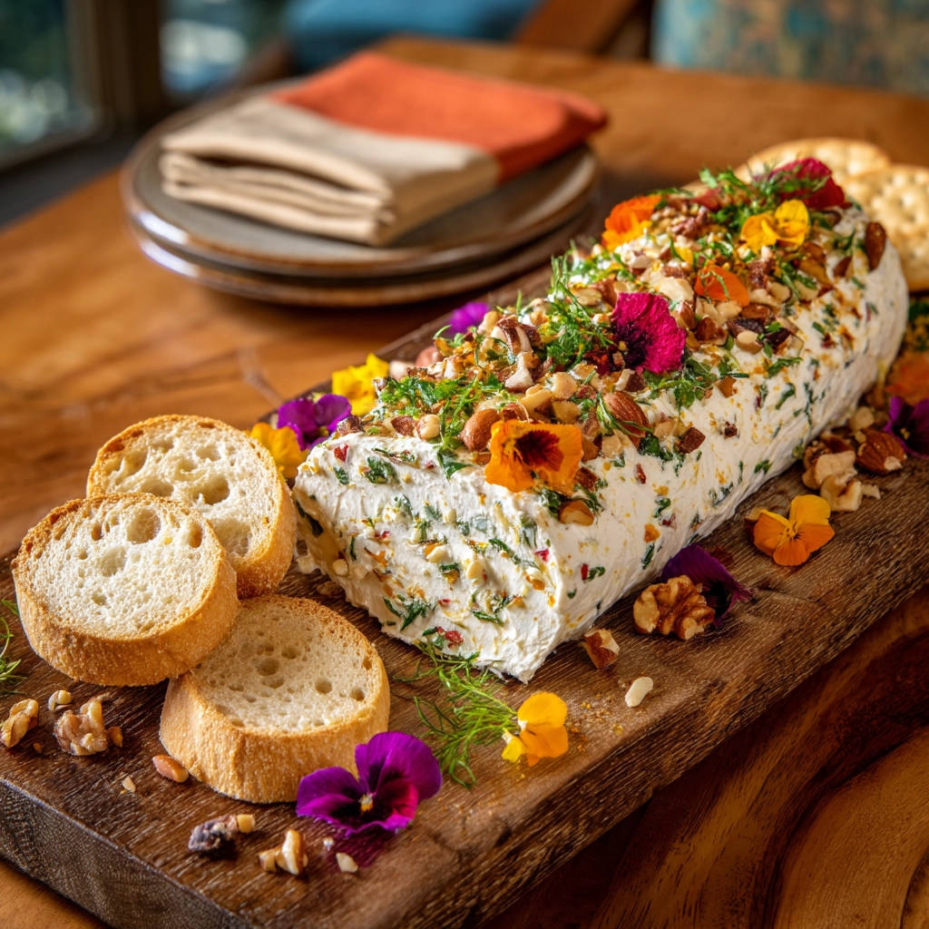 Beautiful herb & nut cheese block recipe garnished with nuts and edible flowers on a wooden platter with bread.