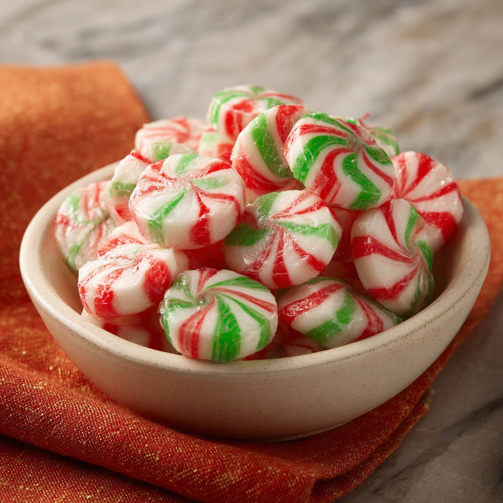 Holiday pinwheel candies are piled high in a white bowl, showcasing their red and green swirled design.