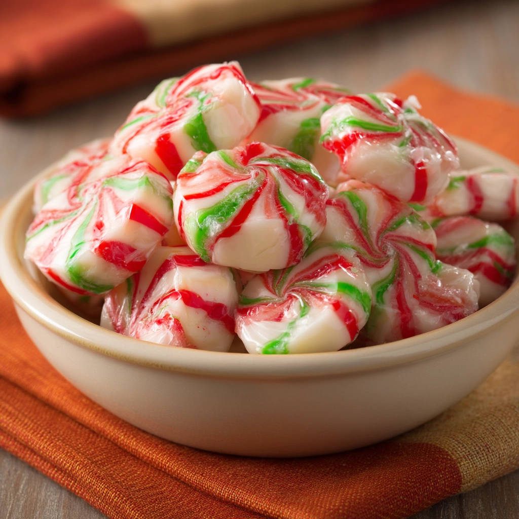 Holiday pinwheel candies with red and green swirls piled high in a light-colored bowl.
