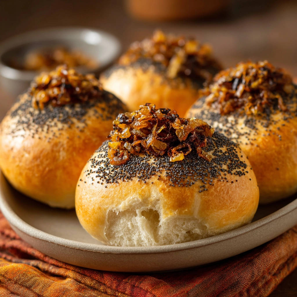 Homemade onion rolls topped with poppy seeds and caramelized onions, shown in a close-up view.