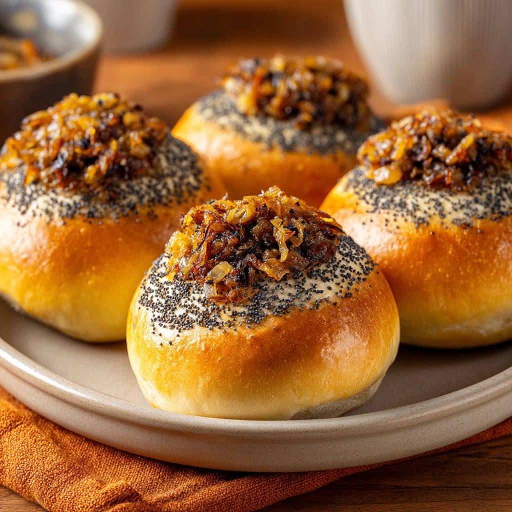 Homemade onion rolls topped with caramelized onions and poppy seeds, shown in a close-up detail shot.