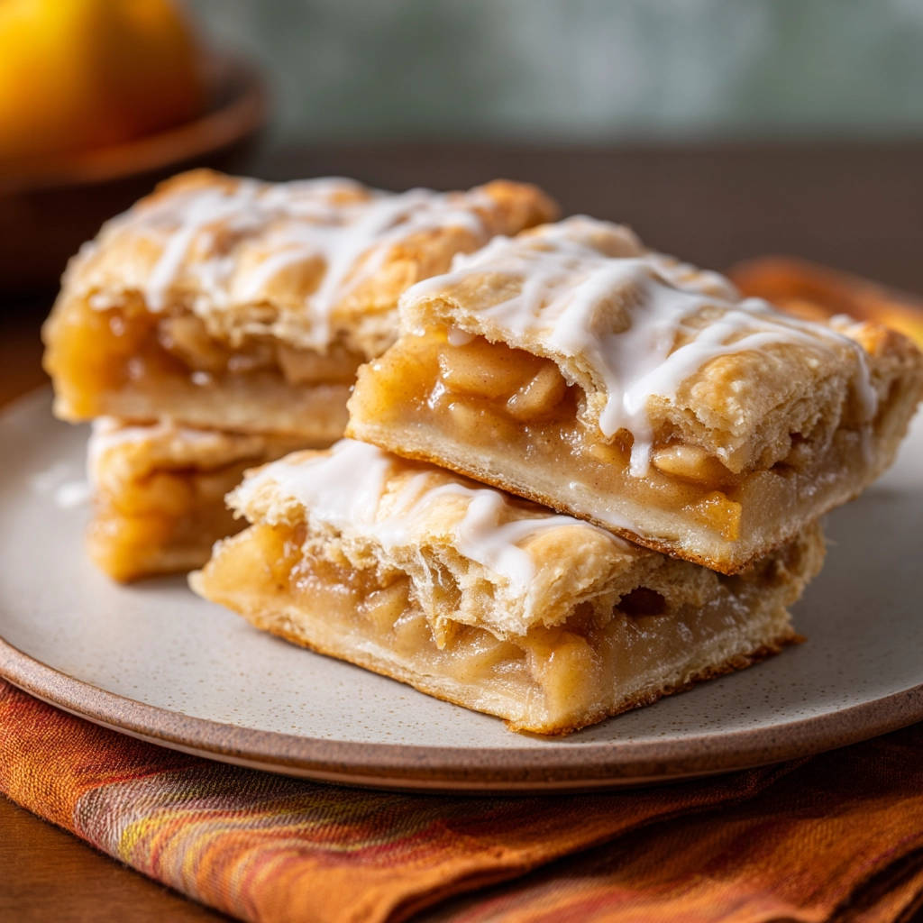 Homestyle apple crumble bars showing a close-up cross-section of the flaky crust and tender apple filling.