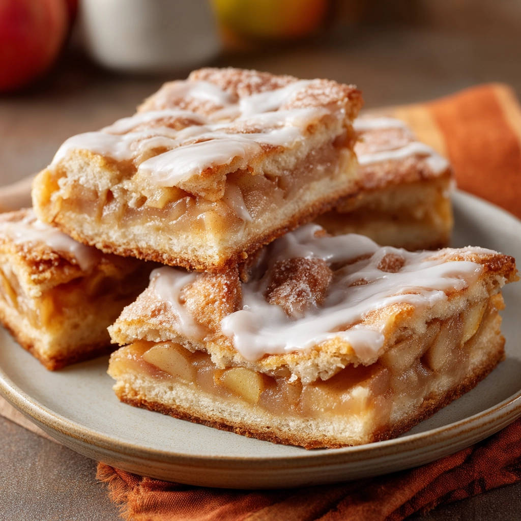Homestyle apple crumble bars shown in a close-up cross-section revealing layers of fruit and crust.