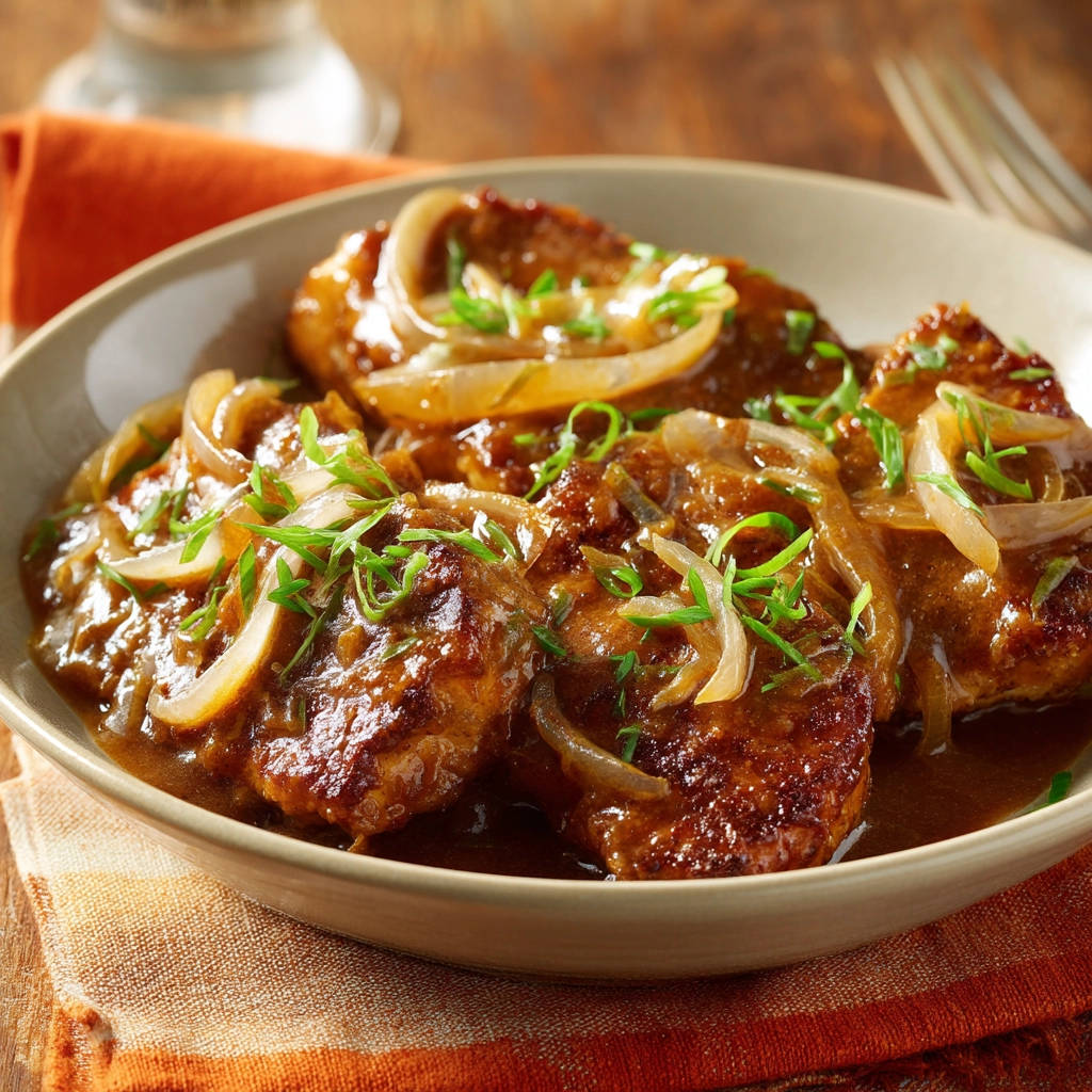 Homestyle beef patties in gravy served in a bowl, featuring a close-up view of the juicy meat and onions.