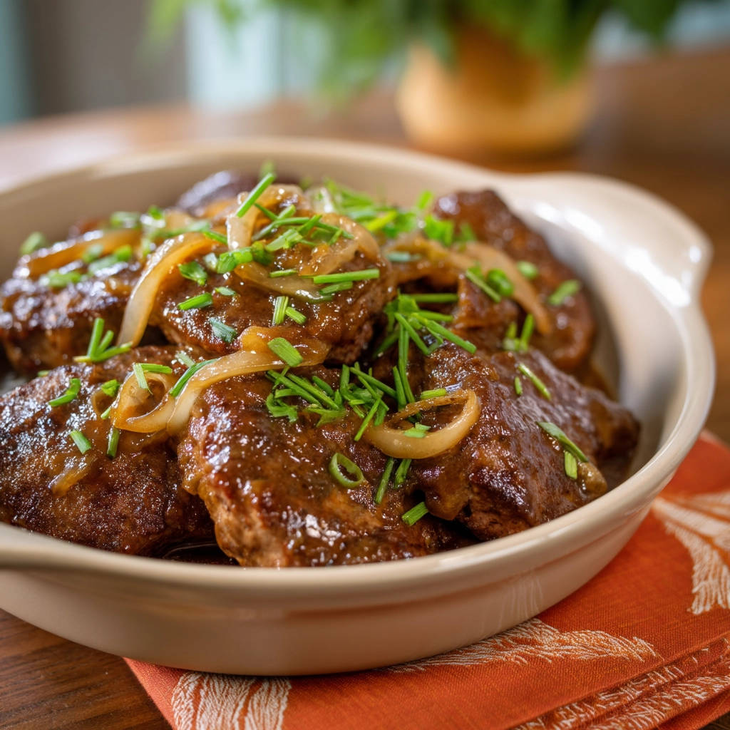 Homestyle beef patties in gravy, showcasing a close-up view with fresh chives and sautéed onions as garnish.