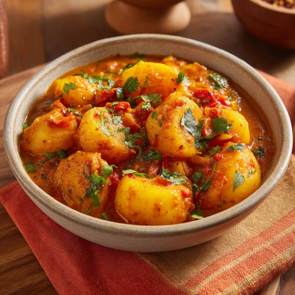Homestyle potato curry in a rustic bowl, showcasing tender potatoes in a rich, spiced tomato sauce with fresh cilantro garnish.