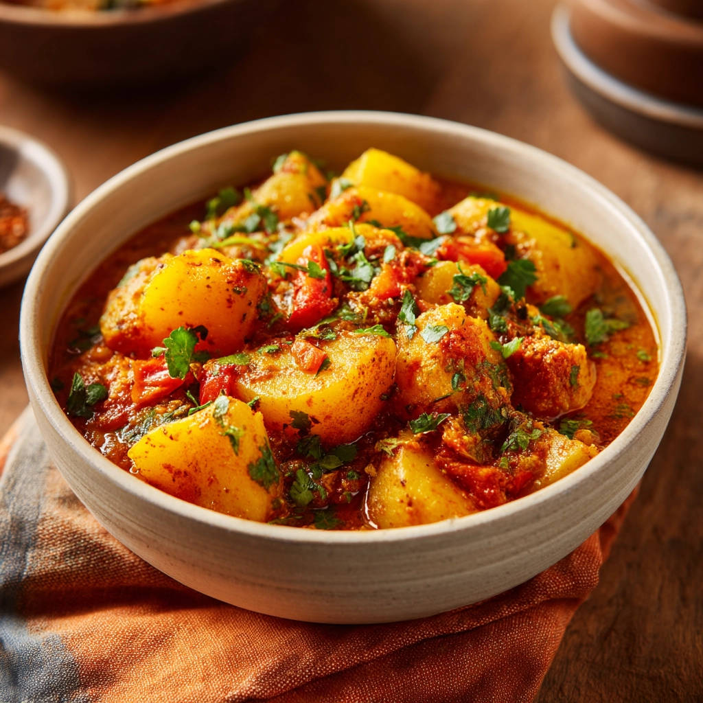Homestyle potato curry served in a rustic bowl, showcasing tender potato chunks in a rich, spiced tomato gravy with fresh cilantro garnish.