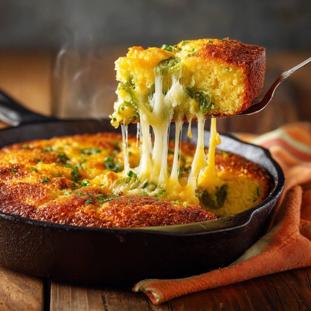 Jalapeno cheddar cornbread with a cheesy pull as a slice is lifted from the cast iron skillet.