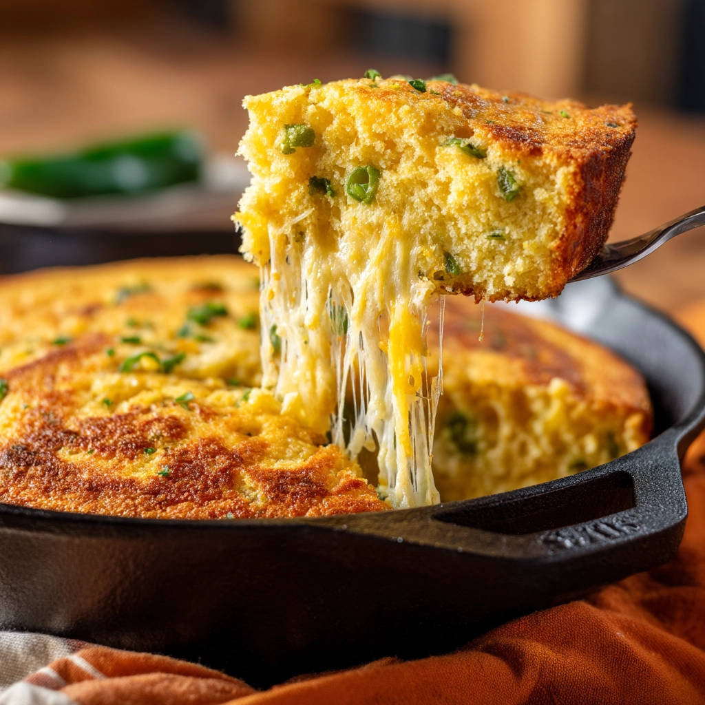 Jalapeno cheddar cornbread with a slice being pulled, revealing long strings of melted cheese.