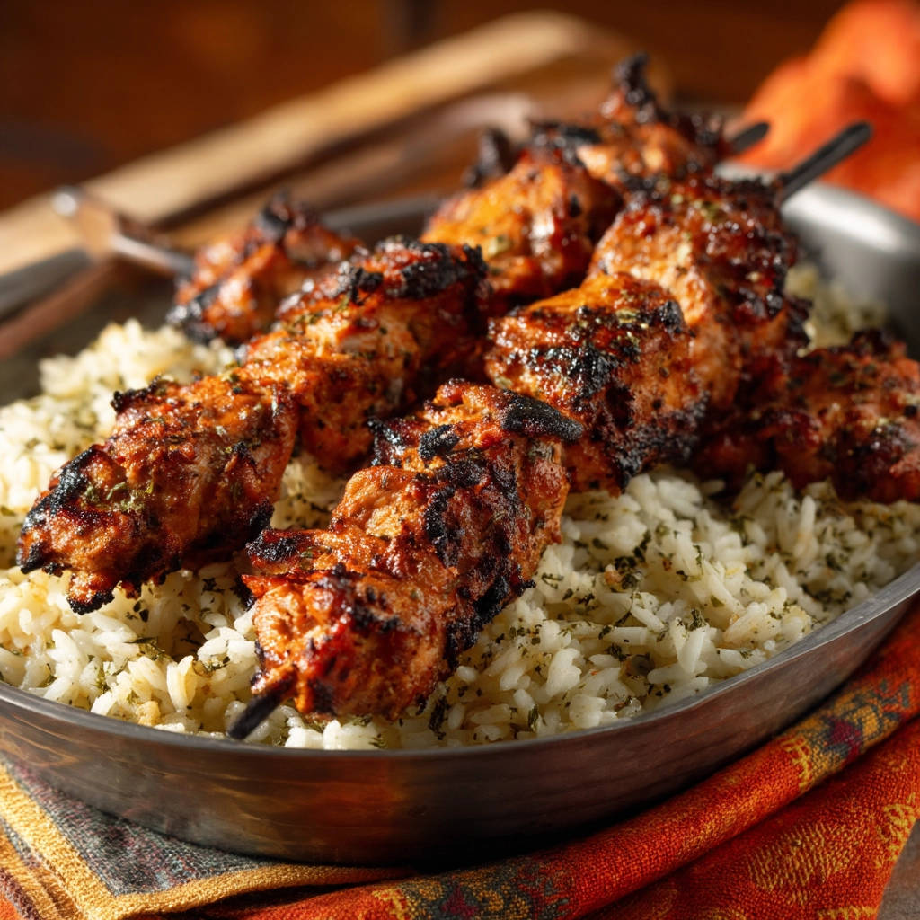 Juicy chicken skewers are grilled to perfection and served over fluffy rice with herbs.