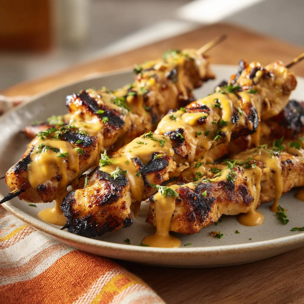 Juicy chicken skewers drizzled with creamy sauce and garnished with fresh herbs, presented on a plate.