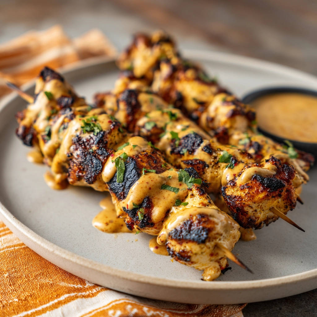 Juicy chicken skewers drizzled with creamy sauce and garnished with parsley, served on a plate.