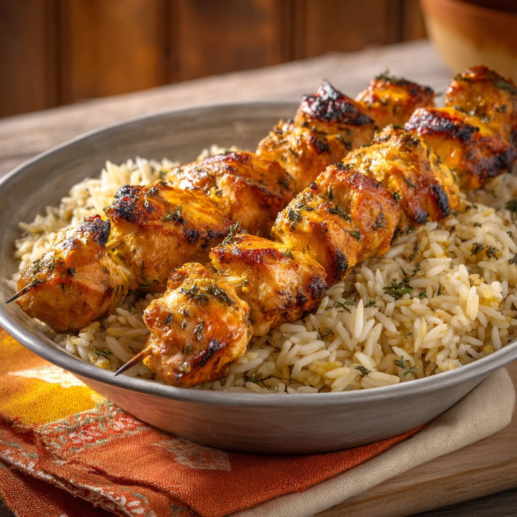Juicy chicken skewers served over fluffy rice in a rustic bowl, showcasing a close-up overhead view.