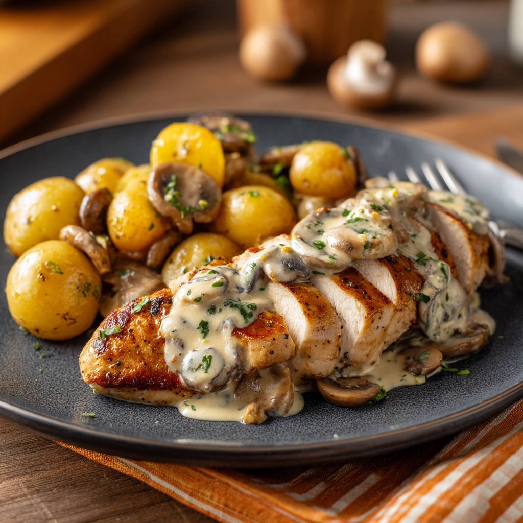 Juicy pan-seared chicken with creamy mushroom sauce, sliced and plated with small golden potatoes and mushrooms.