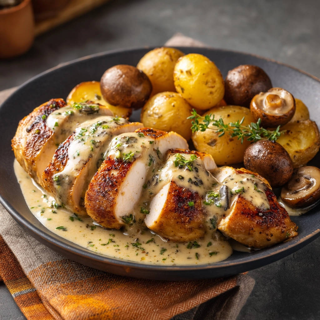 Juicy pan-seared chicken with creamy mushroom sauce, sliced and served with roasted potatoes and mushrooms.