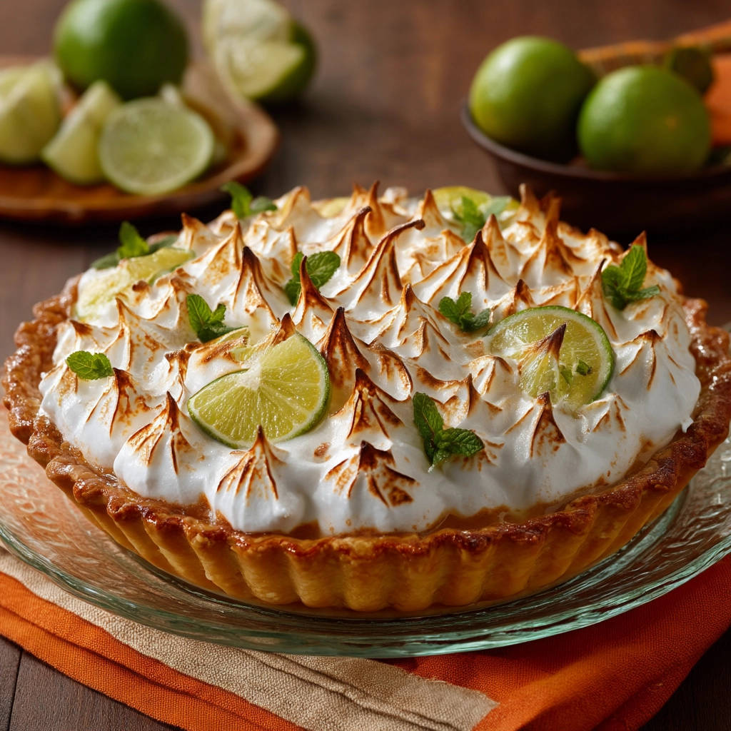 Key lime pie with golden-brown meringue topping and fresh lime slices as a garnish.