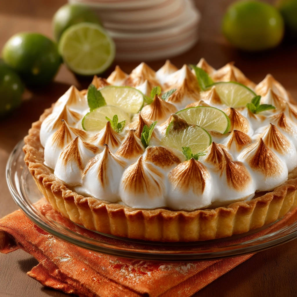 Key lime pie with peaks of torched meringue topping and fresh lime slices.