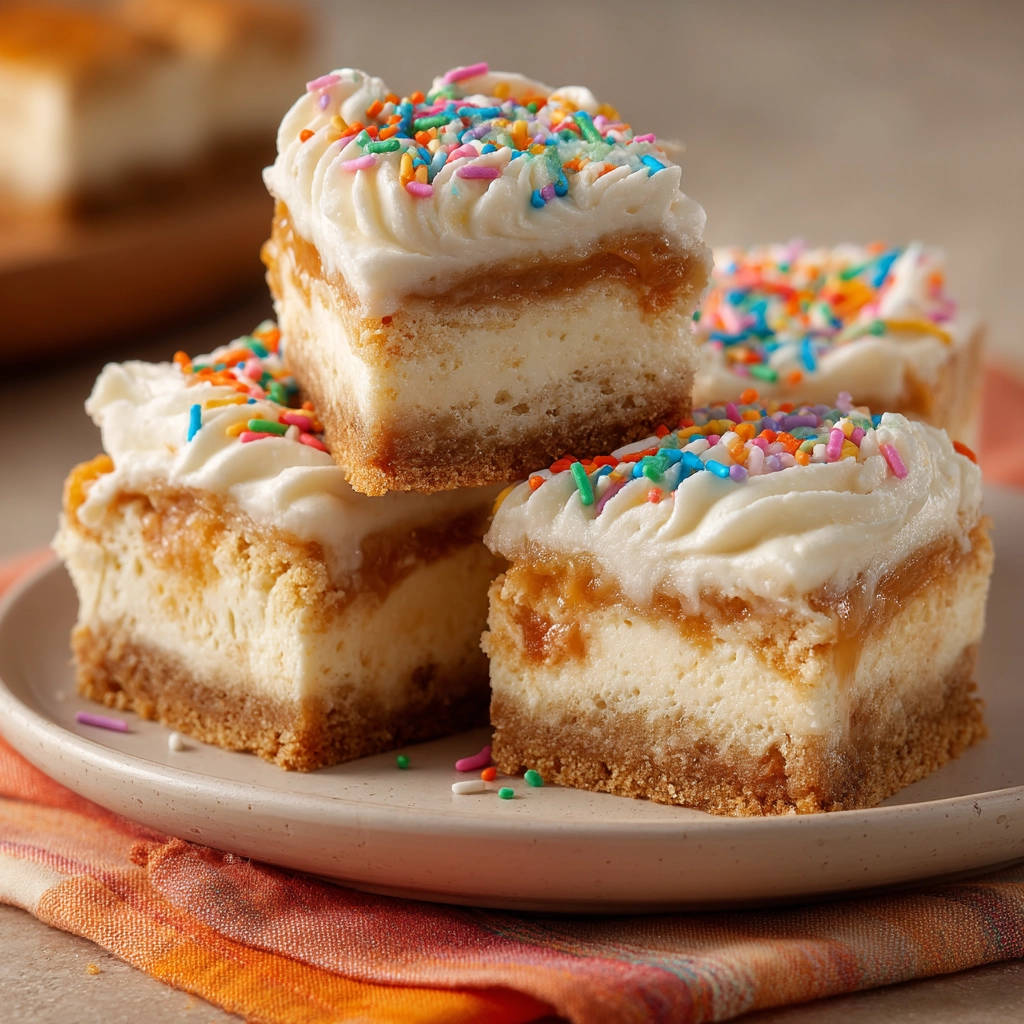 Layered cheesecake bars with creamy frosting and colorful sprinkles stacked on a plate, showcasing their texture.