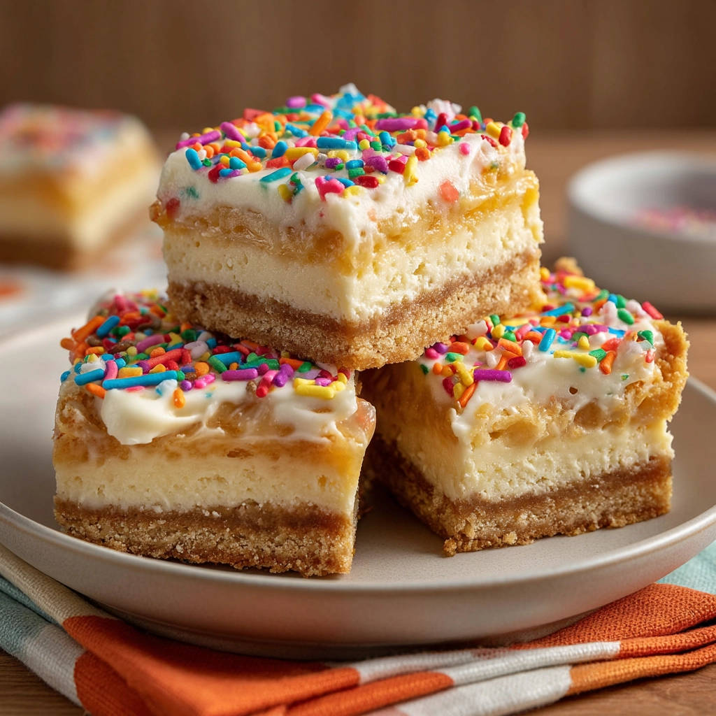 Layered cheesecake bars stacked on a plate, topped with creamy frosting and colorful sprinkles.