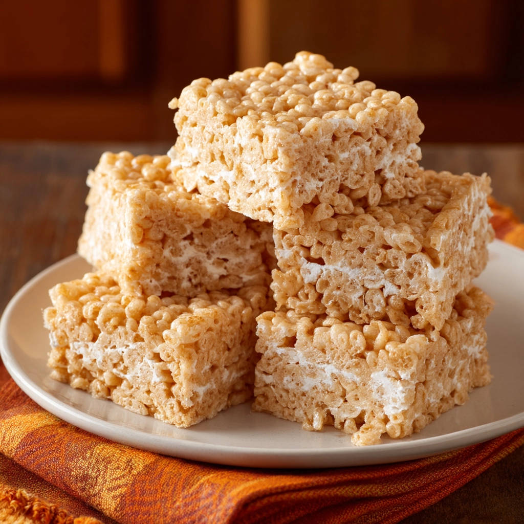 Layered marshmallow cereal treats stacked on a plate, showcasing their chewy texture and golden-brown exterior.