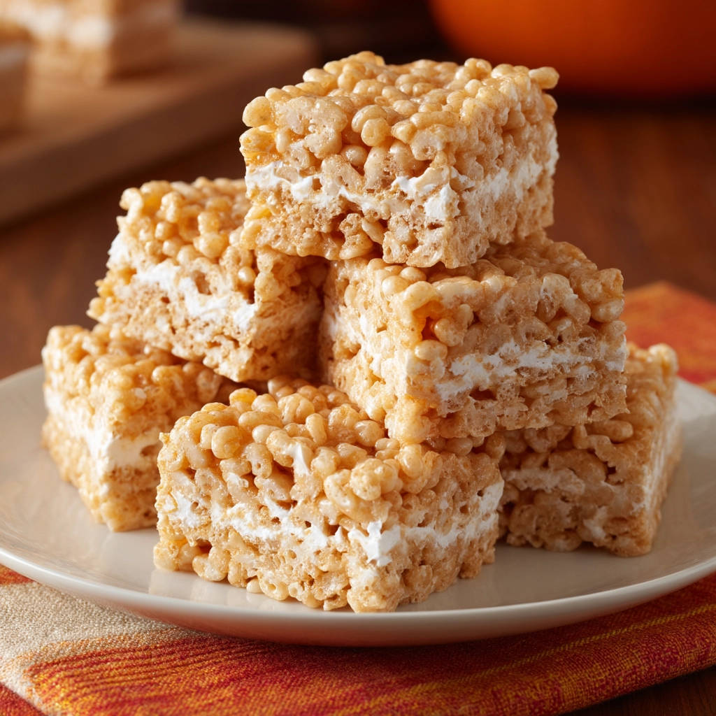 Layered marshmallow cereal treats stacked, showing a chewy cross-section with visible marshmallow layers.