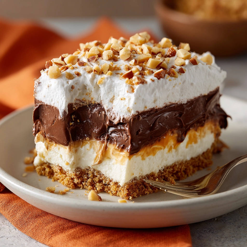 Layered peanut butter chocolate dream, a decadent slice showing distinct layers of graham cracker crust, creamy filling, chocolate pudding, and whipped topping.