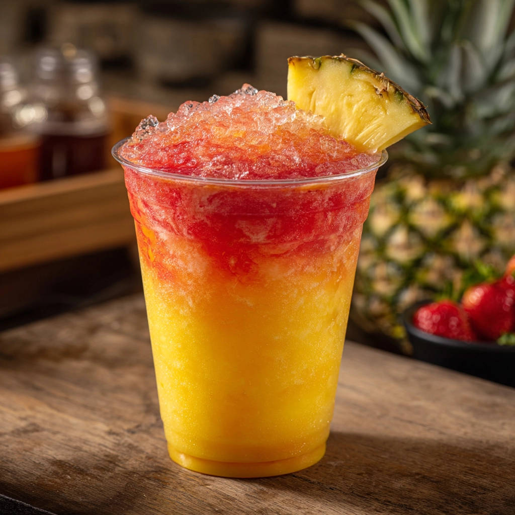 Layered tropical slushy with a pineapple wedge garnish and vibrant red and yellow stripes.