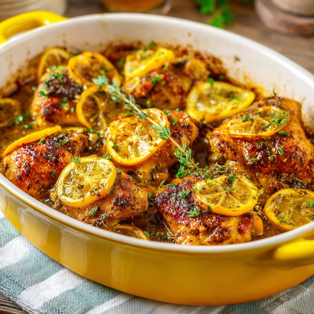 Lemon herb roast chicken, glistening and baked with lemon slices and fresh herbs in a yellow dish.