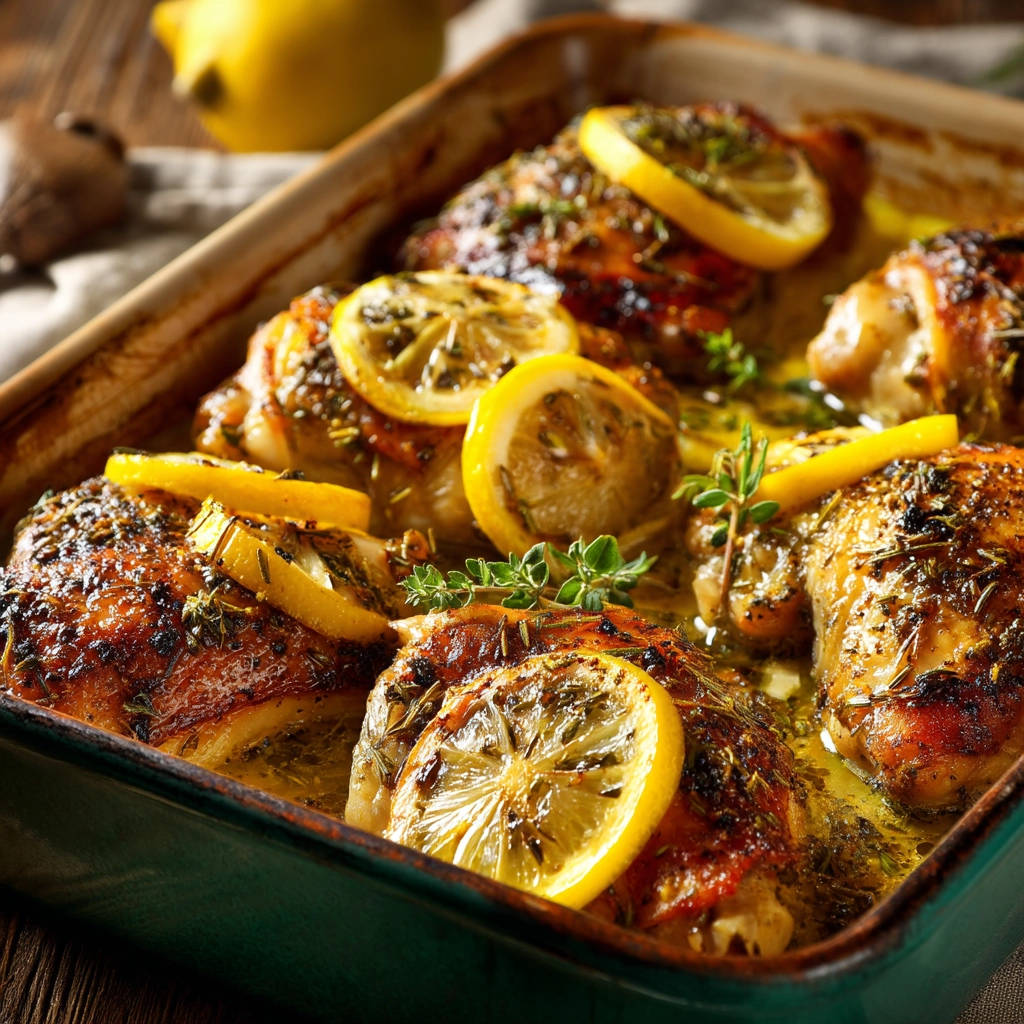 Lemon herb roast chicken in a roasting pan, garnished with lemon slices and fresh herbs.