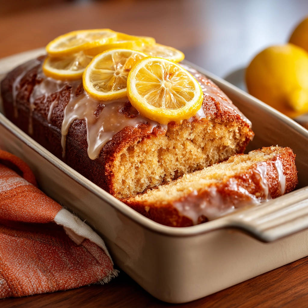 Lemon loaf cake glazed with a white icing and topped with fresh lemon slices, sliced to show the moist interior.