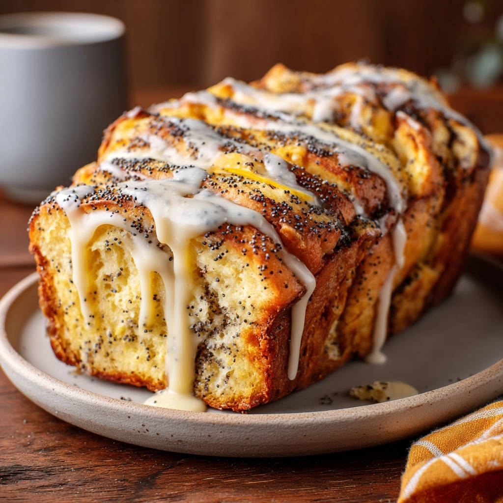 Lemon poppy seed loaf drizzled with white glaze and topped with poppy seeds, showing its pull-apart texture.