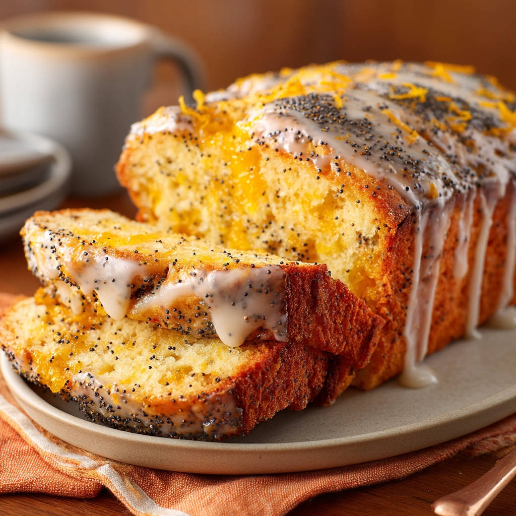Lemon poppy seed loaf recipe featuring a close-up of moist, fluffy slices drizzled with white glaze and sprinkled with poppy seeds.